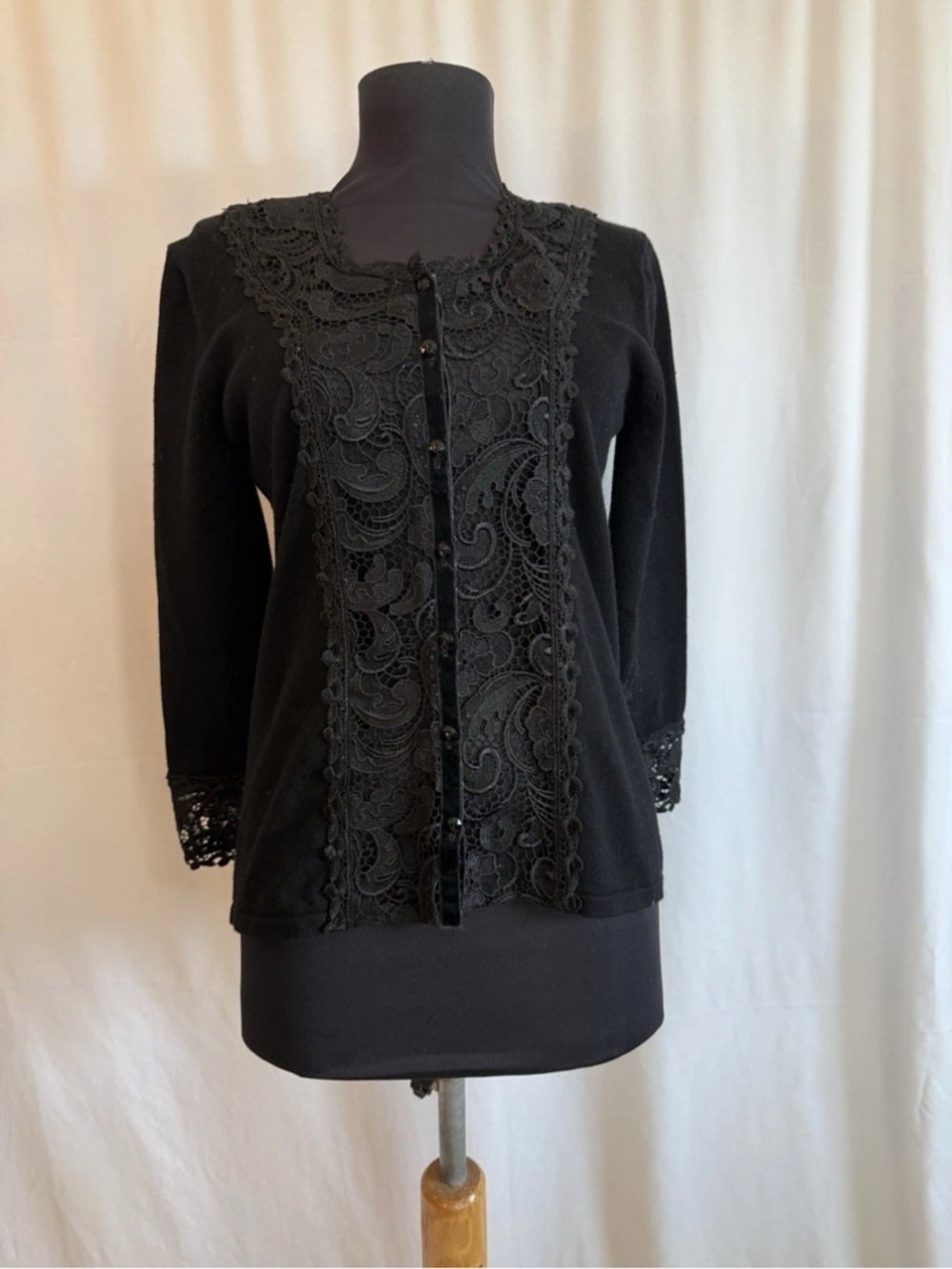 Alberto Makali Black Lace Trimmed Cardigan - Size Small